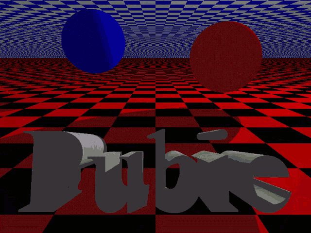 a computer generated image of a red and black checkered floor with a blue and red sphere in the background