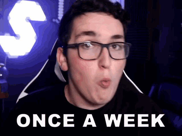 a man with glasses is making a funny face with the words once a week behind him