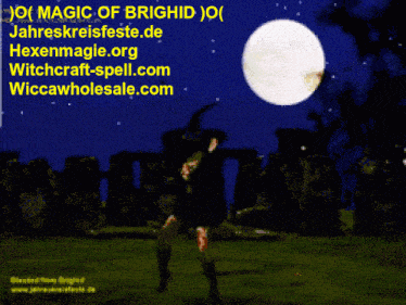a witch is dancing in front of a full moon with the website magic of brighid at the top