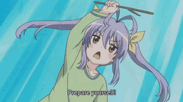 a girl with purple hair is holding a stick with the words prepare yourself written below her
