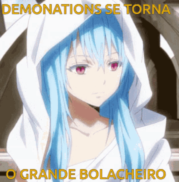 a picture of a blue haired anime girl with the words " demonations se torna o grande bolacheiro "