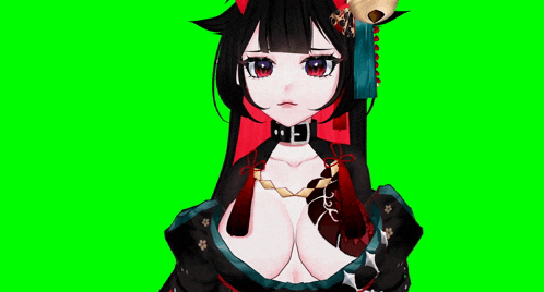 a girl with red eyes and black hair is holding her breasts in front of a green background