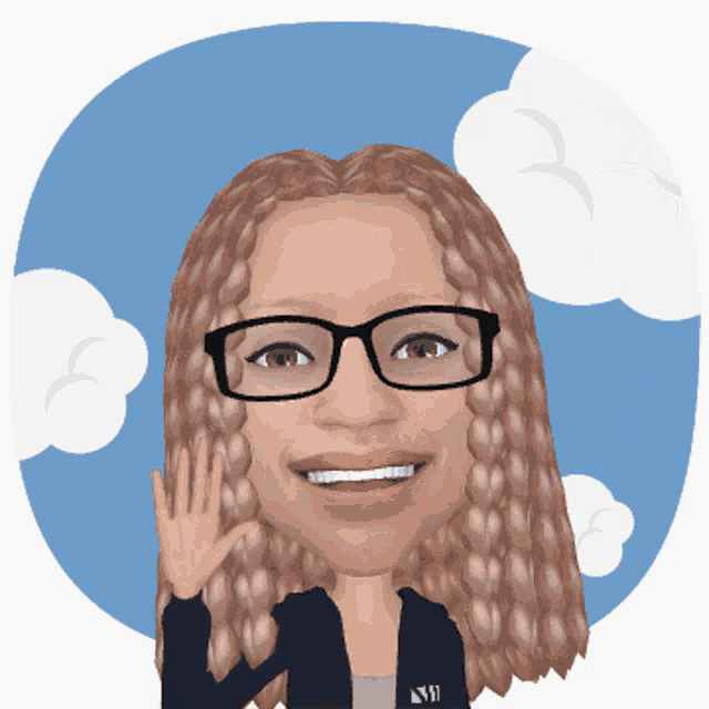 a cartoon of a woman wearing glasses and a jacket with the letter n on the front