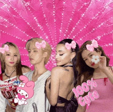 a group of girls are posing for a picture with a pink background and the words 100 % cute on the bottom