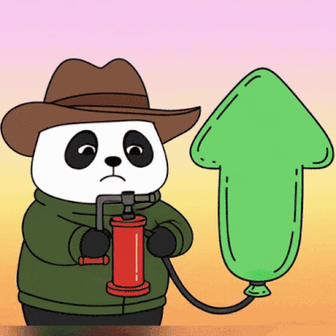 a panda bear wearing a cowboy hat is pumping a green arrow up