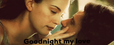 a woman kissing a man on the forehead with the words goodnight my love written below