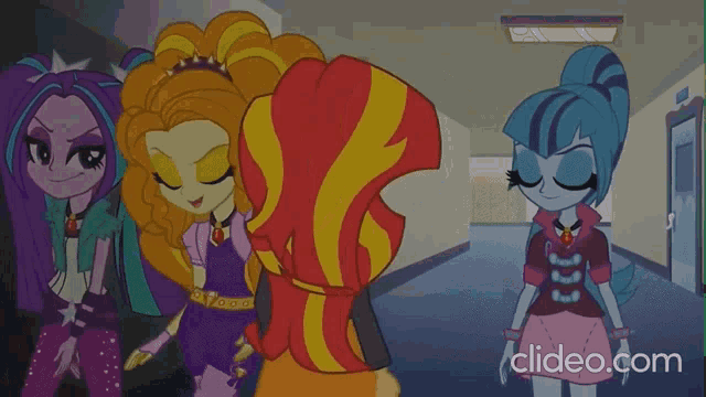 a group of cartoon girls are standing in a hallway with the words clideo.com in the corner