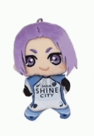 a stuffed animal with purple hair and a shirt that says shine city on it .