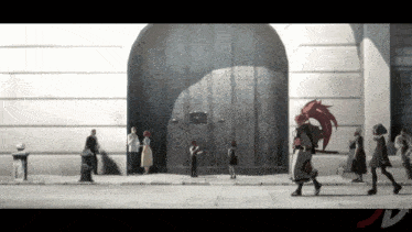 a man with red hair stands in front of a large door