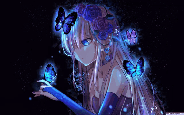 a girl with purple flowers in her hair is surrounded by butterflies