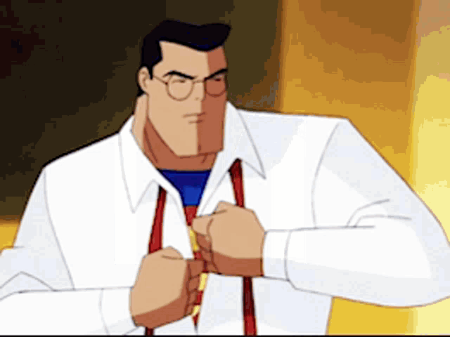 a cartoon of superman adjusting his tie while wearing glasses