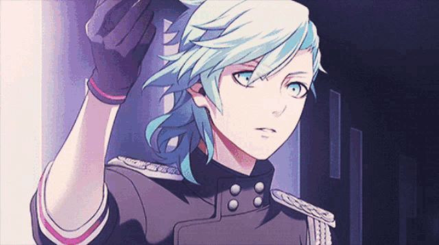 a blue haired anime character with a glove on his wrist