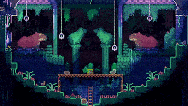 a pixel art of a cave with a ladder and a cat