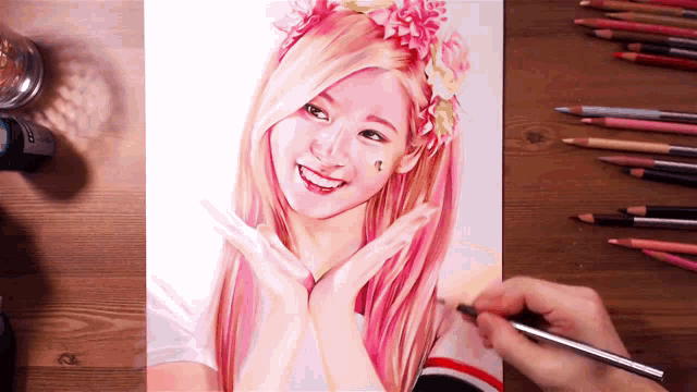 a drawing of a girl with pink hair and a flower headband