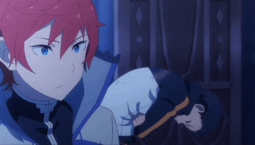 a cartoon character with red hair and blue eyes is standing next to another character