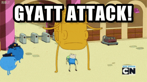 a cartoon character is standing in front of a sign that says ' gyatt attack '
