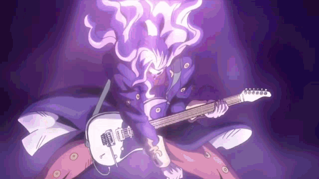 a cartoon character is playing a guitar in a dark room