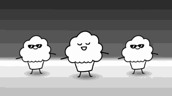 three cupcakes wearing sunglasses are dancing in a row