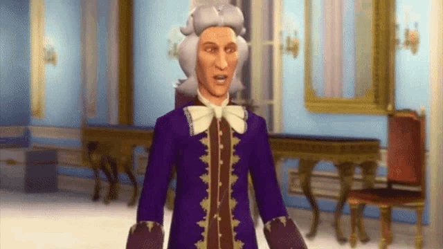 a cartoon character with a wig and a purple coat