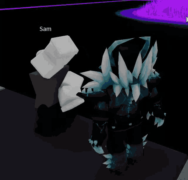 two roblox characters are standing next to each other and the name sam is on the bottom right