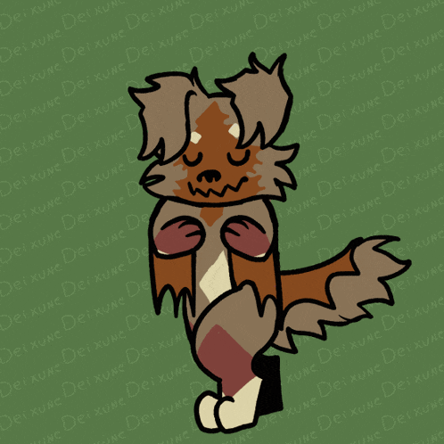 a drawing of a dog on a green background with the letters dei xune on it