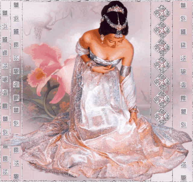 a painting of a woman in a long white dress
