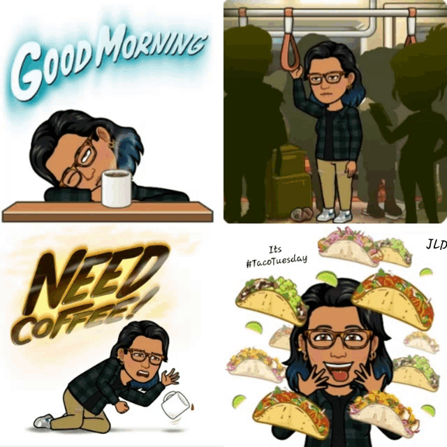 a cartoon of a woman with a cup of coffee and a stack of tacos says need coffee