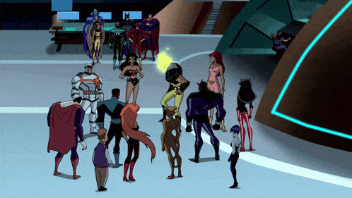 a group of cartoon characters are gathered together in a room