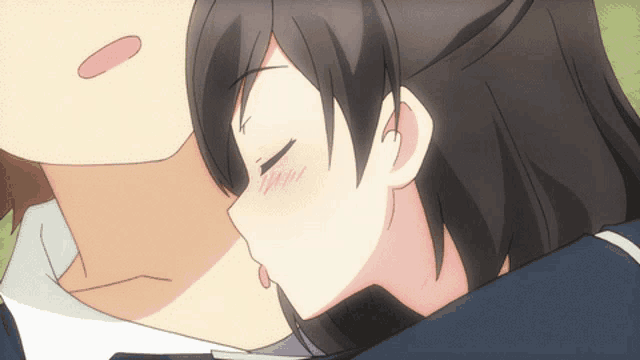 a cartoon of a girl kissing a man 's cheek
