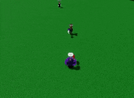 a person is standing in the middle of a green field with a purple object .