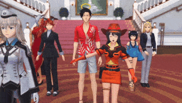 a group of anime characters standing on a red carpet