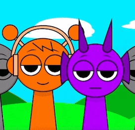 a group of cartoon characters wearing headphones are standing next to each other .
