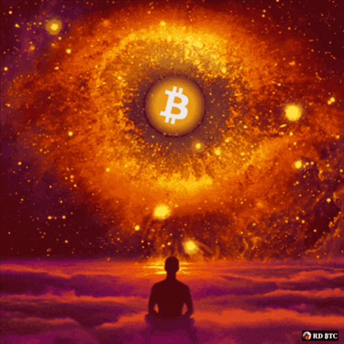 a man sits in a lotus position in front of a bitcoin explosion