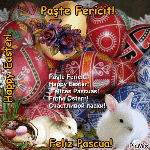 a picture of a bunch of easter eggs with the words paste fericit