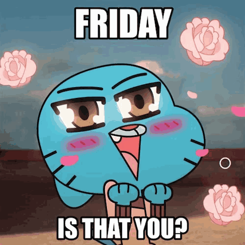 a cartoon character is surrounded by pink flowers and the words friday is that you