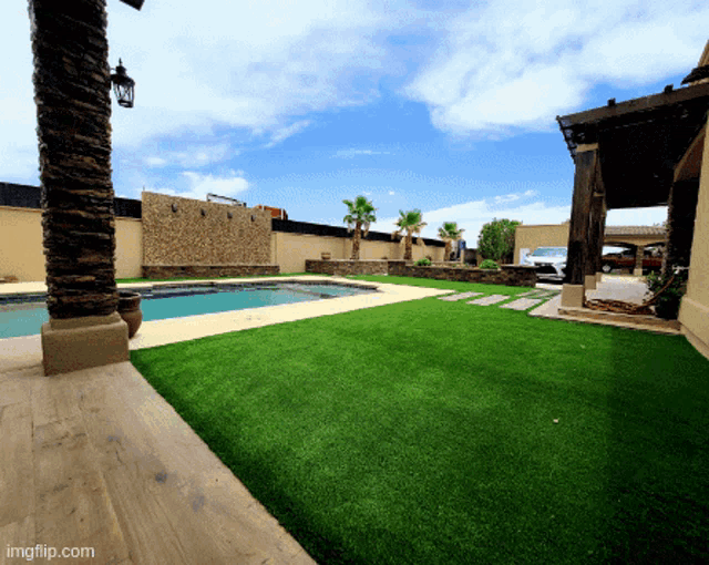 a picture of a backyard with a swimming pool and a lawn that says imgflip.com on the bottom