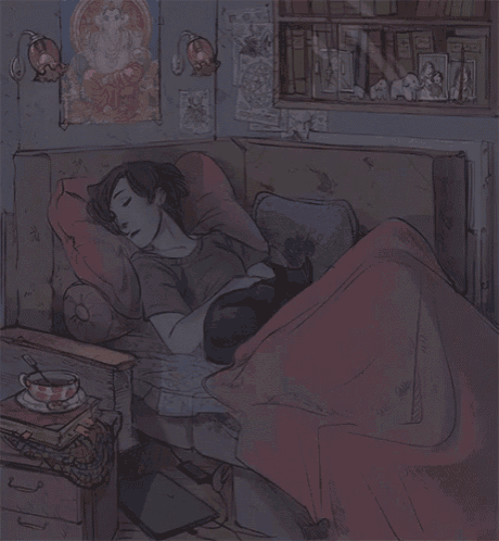 a drawing of a girl sleeping on a bed