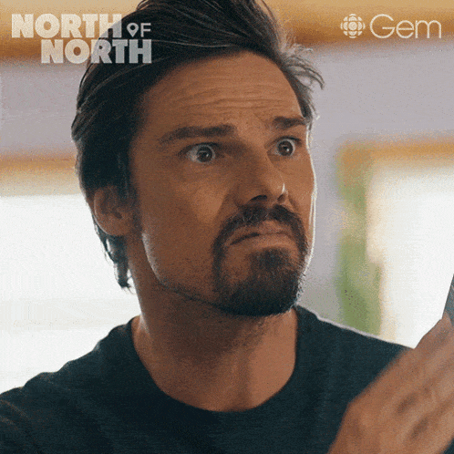 a man with a beard is looking at something with the words north of north on the bottom