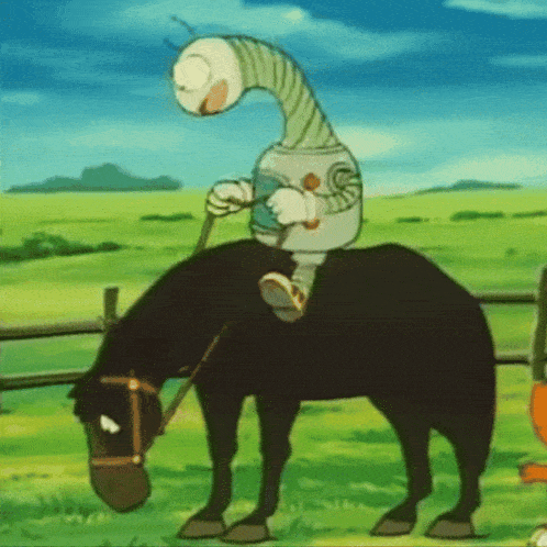 a cartoon character is riding a horse in a field