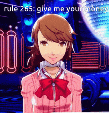 a girl in a pink sweater and red bow tie is standing in front of a disco ball and says rule 265 give me your money