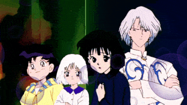 a group of anime characters standing next to each other with one of them wearing a white shirt with the letter g on it