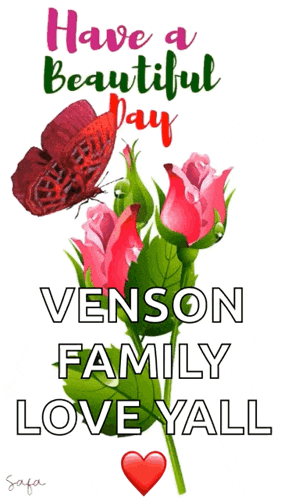 a bouquet of pink roses with a red butterfly and the words have a beautiful day venson family love yall