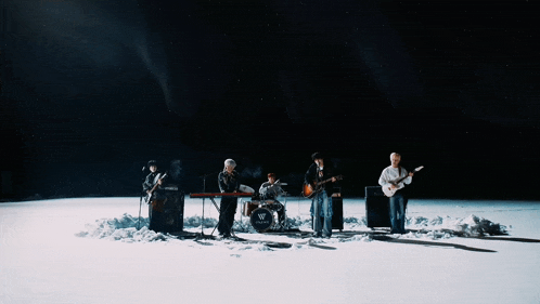 a group of people playing instruments in a snowy field with a drum that says w on it