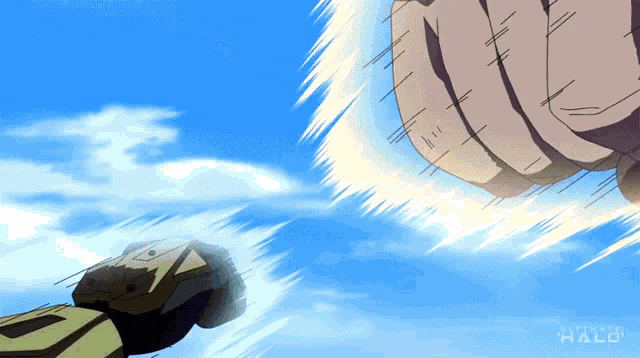 an animated image of a giant fist with the word halo on it