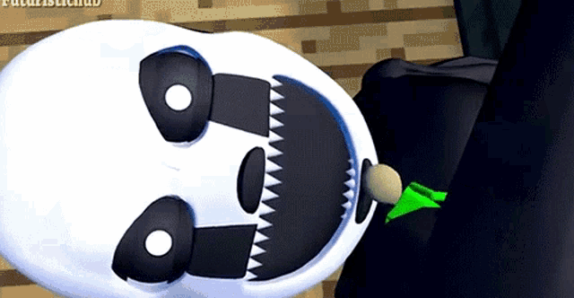 a cartoon character with a green leaf in its mouth and a brick wall in the background