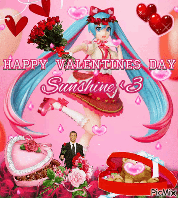 a happy valentine 's day sunshine 3 greeting card with a girl holding a bouquet of roses