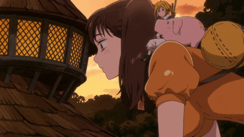 a girl with a pig on her back looks down