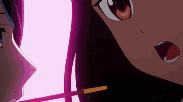 a close up of two anime characters with one holding a cigarette in her mouth