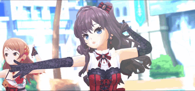 a girl in a red dress and black gloves stands in front of a building