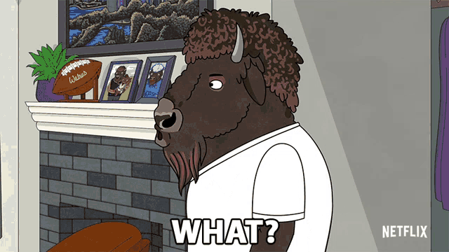 a cartoon of a bison with the words what on the bottom right
